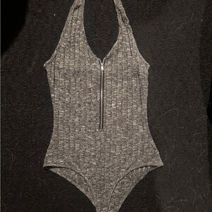 Gray Zip-Up Halter Bodysuit